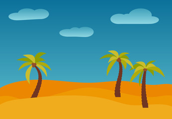 Fototapeta na wymiar Cartoon nature landscape with three palms in the desert. Vector illustration. 