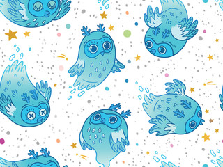 Vector seamless pattern with cartoon owls. Nursery decor