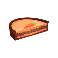 Half of layered pie with chocolate and carrot. Sweet dessert. Flat vector element for promo poster or flyer of pastry shop