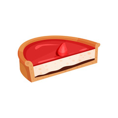 Half of homemade pie with fruit jam. Tasty dessert with strawberry on top. Flat vector element for cafe menu or promo flyer