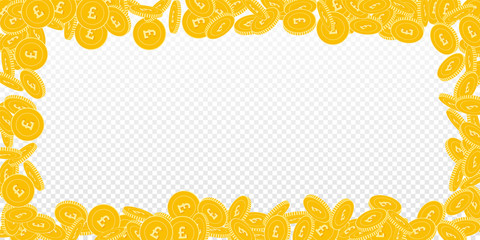 British pound coins falling. Scattered bi GBP coins on transparent background. Mind-blowing wide scattered frame vector illustration. Jackpot or success concept.