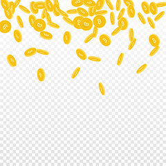 Bitcoin, internet currency coins falling. Scattered small BTC coins on transparent background. Adorable scatter top gradient vector illustration. Jackpot or success concept.