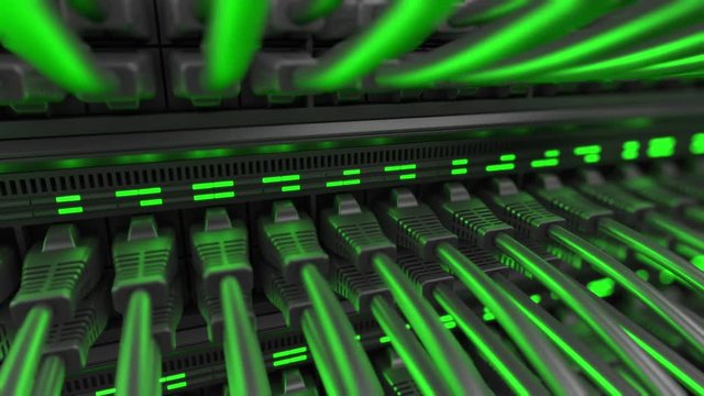 Close-up view of modern internet network switch with plugged ethernet cables. Blinking green lights on internet server. 4k 3d endless loop.