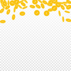 British pound coins falling. Scattered small GBP coins on transparent background. Exceptional abstract top border vector illustration. Jackpot or success concept.