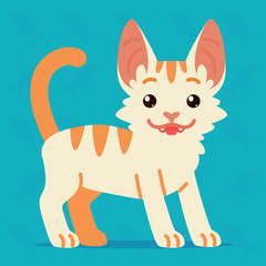 Cute cat standing. Vector illustration of a happy kitten with tail up on blue background. Emoji. Element for your design, stickers, chat. White cat with orange stripes in a flat cartoon style.