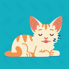 Cute cat sleeping. Vector illustration of a kitten on blue background. Emoji. Element for your design, printing, stickers, chat. White cat with orange stripes in a flat cartoon style.