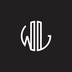 Initial letter WL, minimalist line art monogram circle shape logo, white color on black background