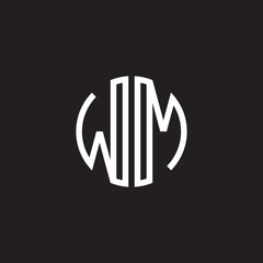 Initial letter WM, minimalist line art monogram circle shape logo, white color on black background