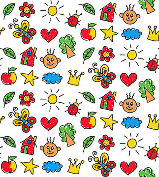 Childlike drawings colorful cute seamless vector pattern