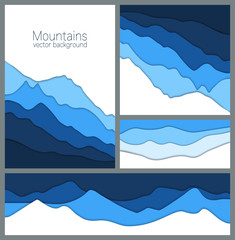 Blue mountains backgrounds in paper cut style. Set of abstract layered templates for business presentations, flyers, posters and covers design. Outdoor cards collection. Vector illustrations.