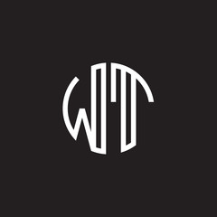 Initial letter WT, minimalist line art monogram circle shape logo, white color on black background