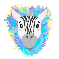 Vector cute zebra face in the jungle. For print on a T-shirt, a picture in the nursery.