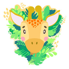 Vector cute giraffe face in the jungle. For print on a T-shirt, a picture in the nursery.