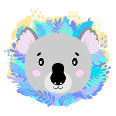Vector cute kind koala face in the jungle. For print on a T-shirt, a picture in the nursery.