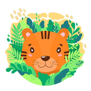 Vector cute tiger face in the jungle. For print on a T-shirt, a picture in the nursery.