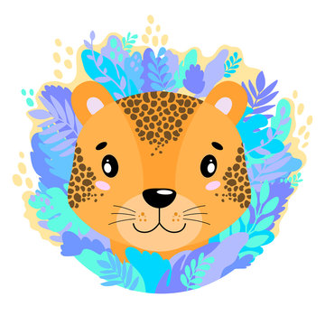 Vector cute kind leopard face in the jungle. For print on a T-shirt, a picture in the nursery.