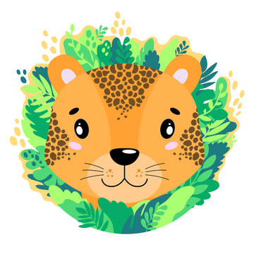 Vector cute kind leopard face in the jungle. For print on a T-shirt, a picture in the nursery.