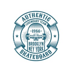Skateboarding logo in retro style. Skateboard in heraldic ribbon with inscriptions. Worn textures on a separate layer.