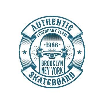 Skateboarding logo in retro style. Skateboard in heraldic ribbon with inscriptions. Worn textures on a separate layer.