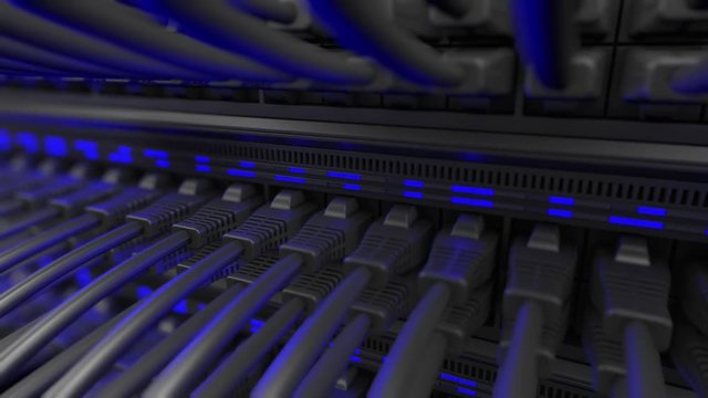Close-up view of modern internet network switch with plugged ethernet cables. Blinking blue lights on internet server. 4k 3d endless loop.