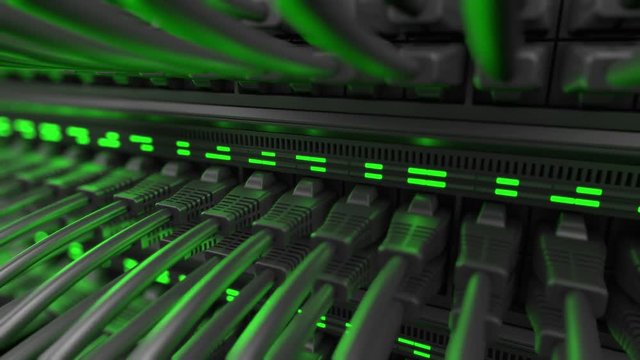 Close-up view of modern internet network switch with plugged ethernet cables. Blinking green lights on internet server. 4k 3d endless loop.