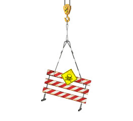 Under construction sign on the rope.3d illustration