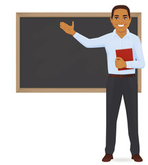 Male teacher at blackboard with copy space showing vector illustration