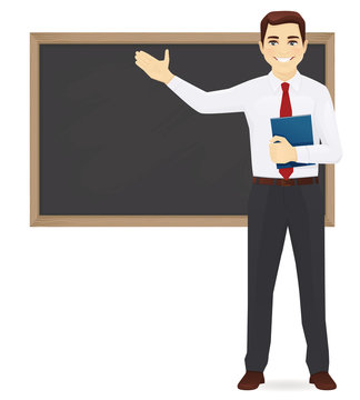 Male teacher at blackboard with copy space showing vector illustration  Stock Vector | Adobe Stock