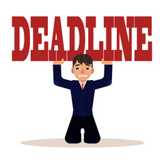 Deadline pressure on businessman - young man in business suit crushed with big word isolated on white background. Time management and work planning concept, flat cartoon vector illustration.