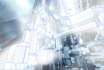 wire-frame computer cad design concept image. industrial piping in the factory combined with...