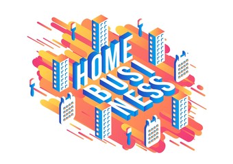 Trendy home business poster, banner background template with orange red color abstract geometric shapes, light bulbs, apartment buildings, calendar icon. Vector modern advertising layout illustration