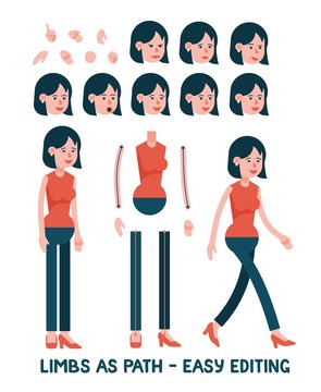 Cartoon character woman in pants. Limbs as paths are easy to edit for any posture. Set of facial female emotions.