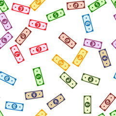 International currencies notes seamless pattern. Scattered Global bills. World sparse flat money pattern. Jackpot, wealth or success concept. Vector illustration.