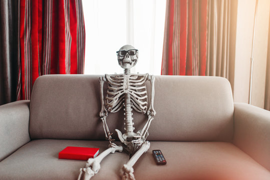 Skeleton sitting between book and remote control