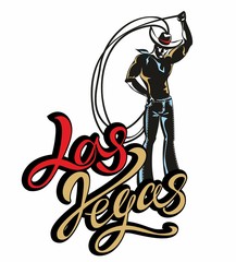 Las Vegas. Inspiring lettering. Cowboy with lasso Banner invitation to the city. Western retro style. Design for the tourism industry. Vector. © Olga