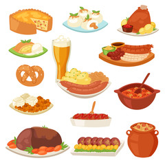 German food vector traditional cuisine of German and cooked meat meal sausages for dinner or lunch illustration set of bavarian snack and beer isolated on white background