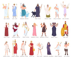 Collection of Olympic gods and goddesses from Greek and Roman mythology, mythological creatures. Male and female cartoon characters isolated on white background. Flat colorful vector illustration.