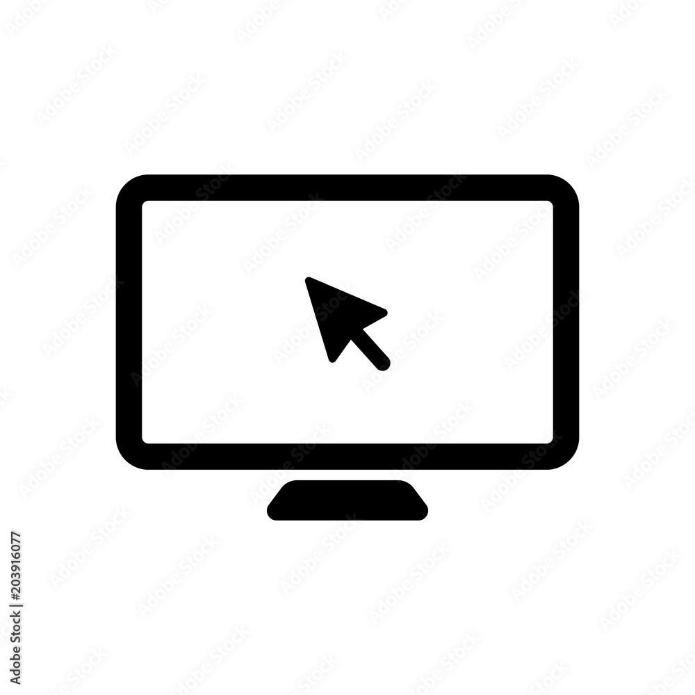 Poster desktop computer and mouse arrow. simple digital icon