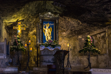 Statue of San Michele Arcangelo inside the shrine of the Sanctuary of San Michele Arcangelo, Monte...