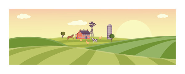 Rural landscape with farm field with green grass, trees. Farmland with house, windmill and livestock - horse, cow and chickens. Outdoor village scenery, farming background. Vector illustration © sabelskaya