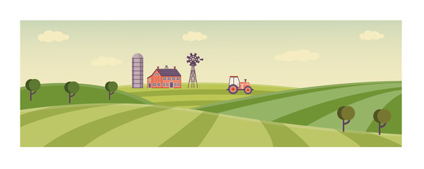 Rural landscape with farm field with green grass, trees. Farmland with house, windmill and working at crop land tractor. Outdoor village scenery, farming background. Vector illustration