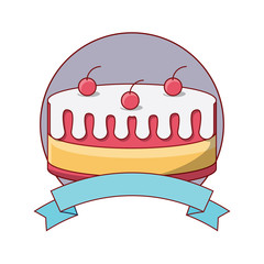 emblem with birthday cake icon over white background, colorful design. vector illustration