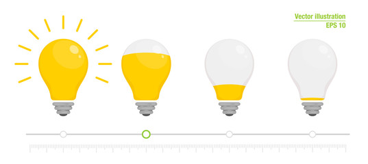 Light power indicator. Power switch. Energy charge level, full and low. Yellow glowing light bulb. Vector illustration for your design. Flat style