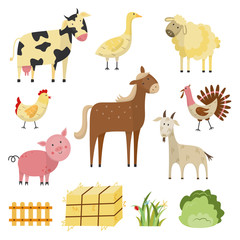 Flat farm animals and birds live stock and rural symbols set. Spotted white black cow, brown horse, pink pig white goat sheep. Domestic birds - chicken or rooster turkey and goose. Vector illustration