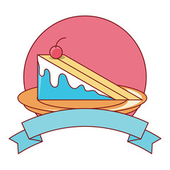 emblem birthday concept with piece of cake icon over white background, colorful design. vector illustration