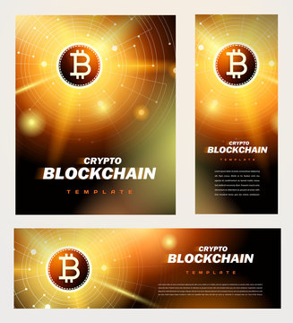 Blockchain cryptocurrency bitcoin theme. Set flyer, banner, roll up banner, brochure design template