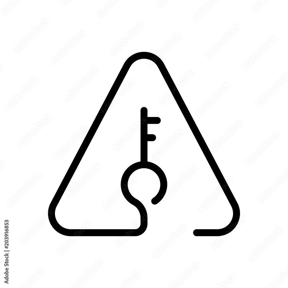 Poster key in warning triangle. linear icon with thin outline. one line style