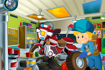 cartoon scene with garage mechanic working repearing some vehicle - fireman motorcycle - or cleaning work place - illustration for children
