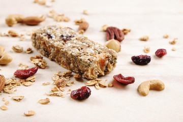 Top view of various healthy granola bars (muesli or cereal bars). Set of energy, sport, breakfast...