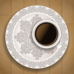 Coffee cup with vintage lace and wood background. Vector illustration